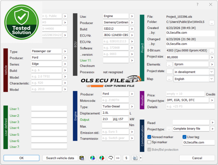 Ford Edge 2.0L 213hp JB3G-12A650-CBS SID212 Tuning File