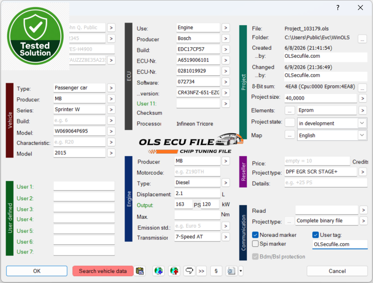 Mercedes sprinter 2015 AT 120kW EDC17CP57 072734 CR43NFZ-651-EZG0-906A Tuning File
